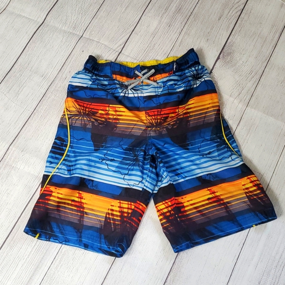 Boys Swim trunks, Hawaiian like floral print.